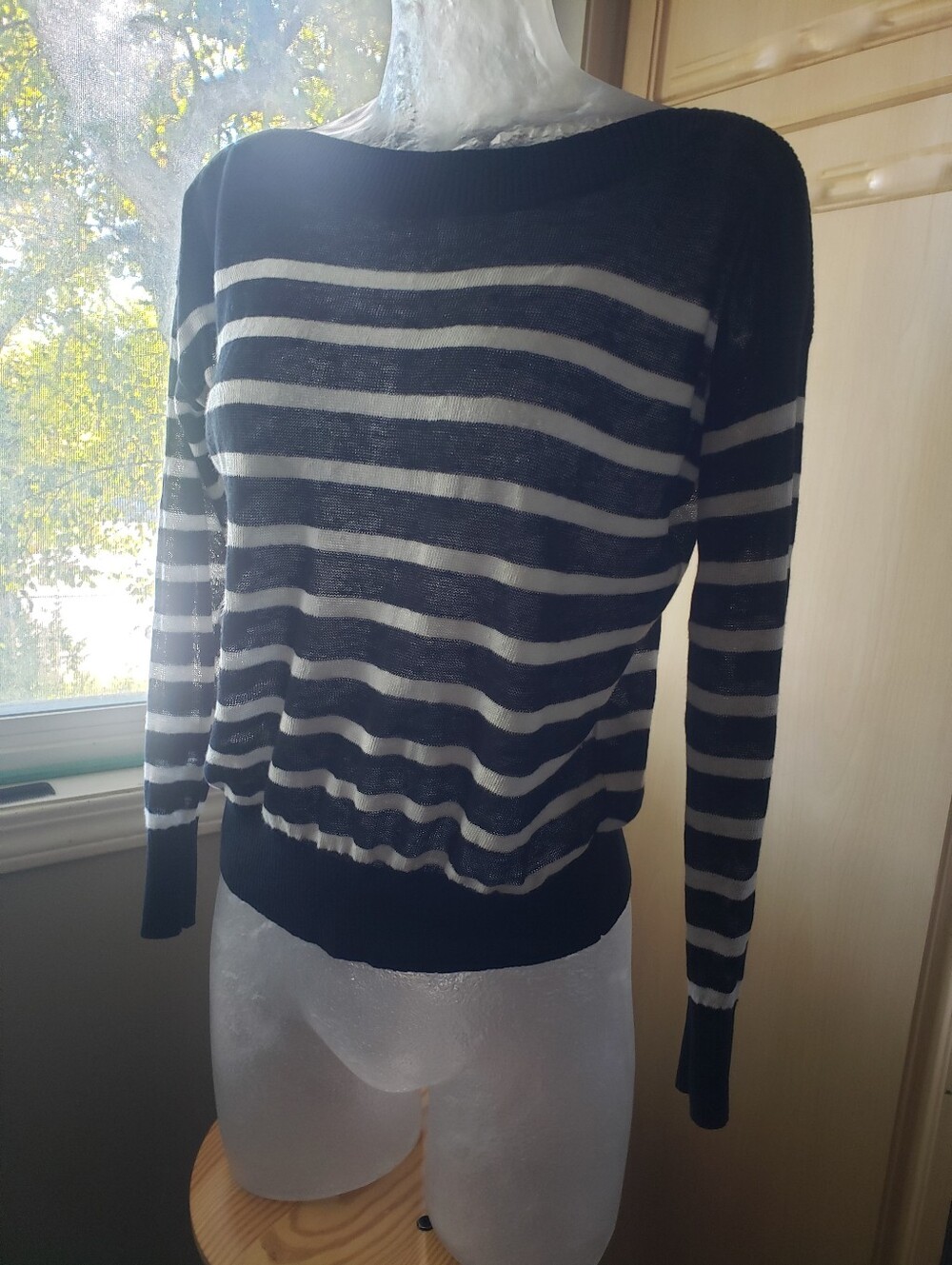 100% Linen Striped Navy and White Lightweight Women's Sweater